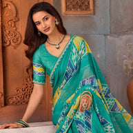 Blue beaded geometric printed chiffon saree party wear