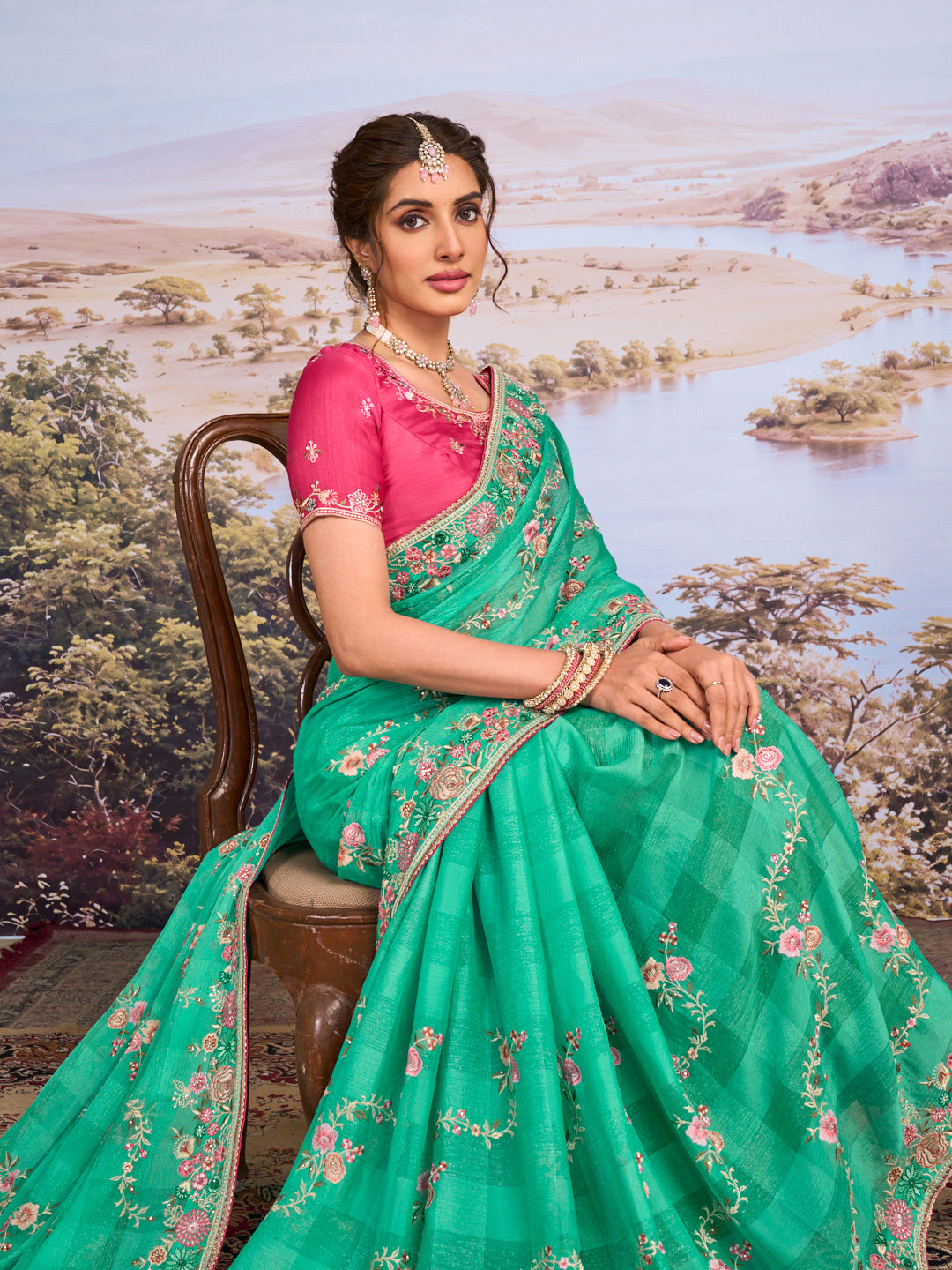 Green floral embroidered chiffon saree wedding wear