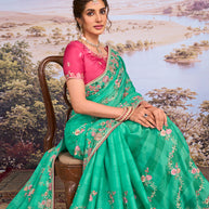 Green floral embroidered chiffon saree wedding wear