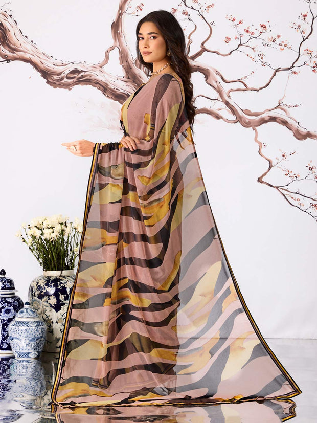 Brown abstract printed georgette saree festive wear
