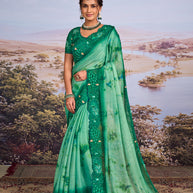 Green floral embroidered chiffon saree festive wear