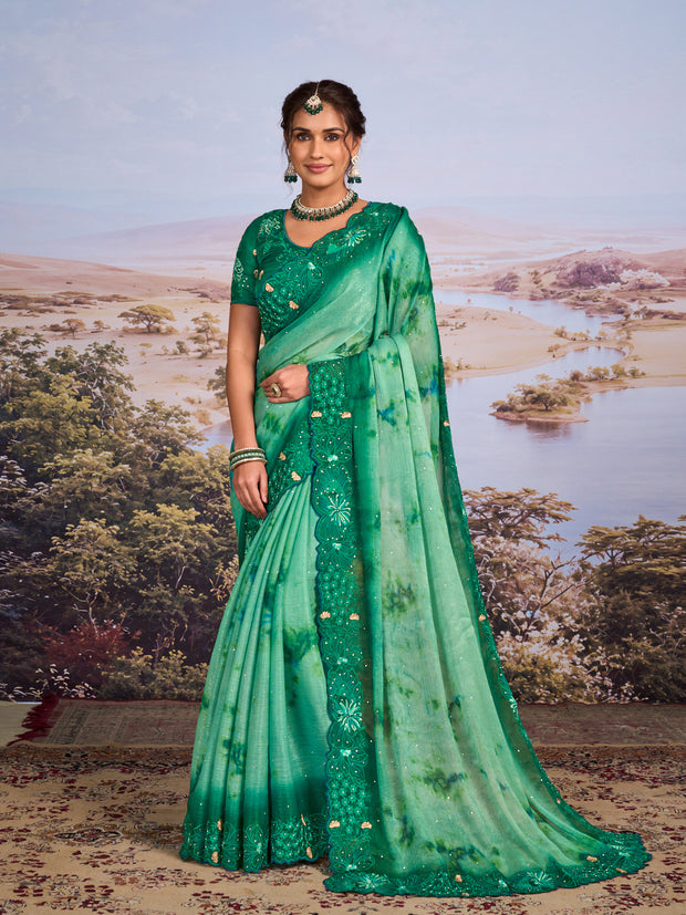 Green floral embroidered chiffon saree festive wear