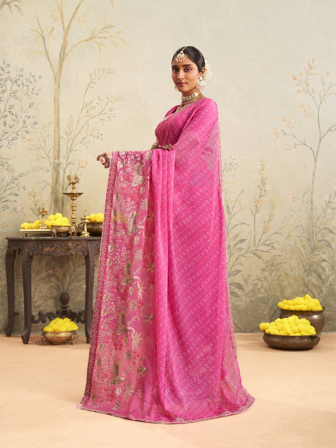 Pink embroidered chiffon saree daily wear
