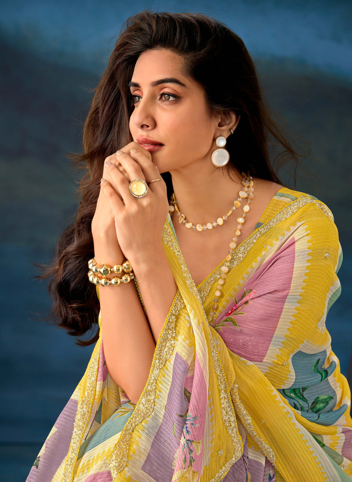 Yellow Work chiffon saree festive wear