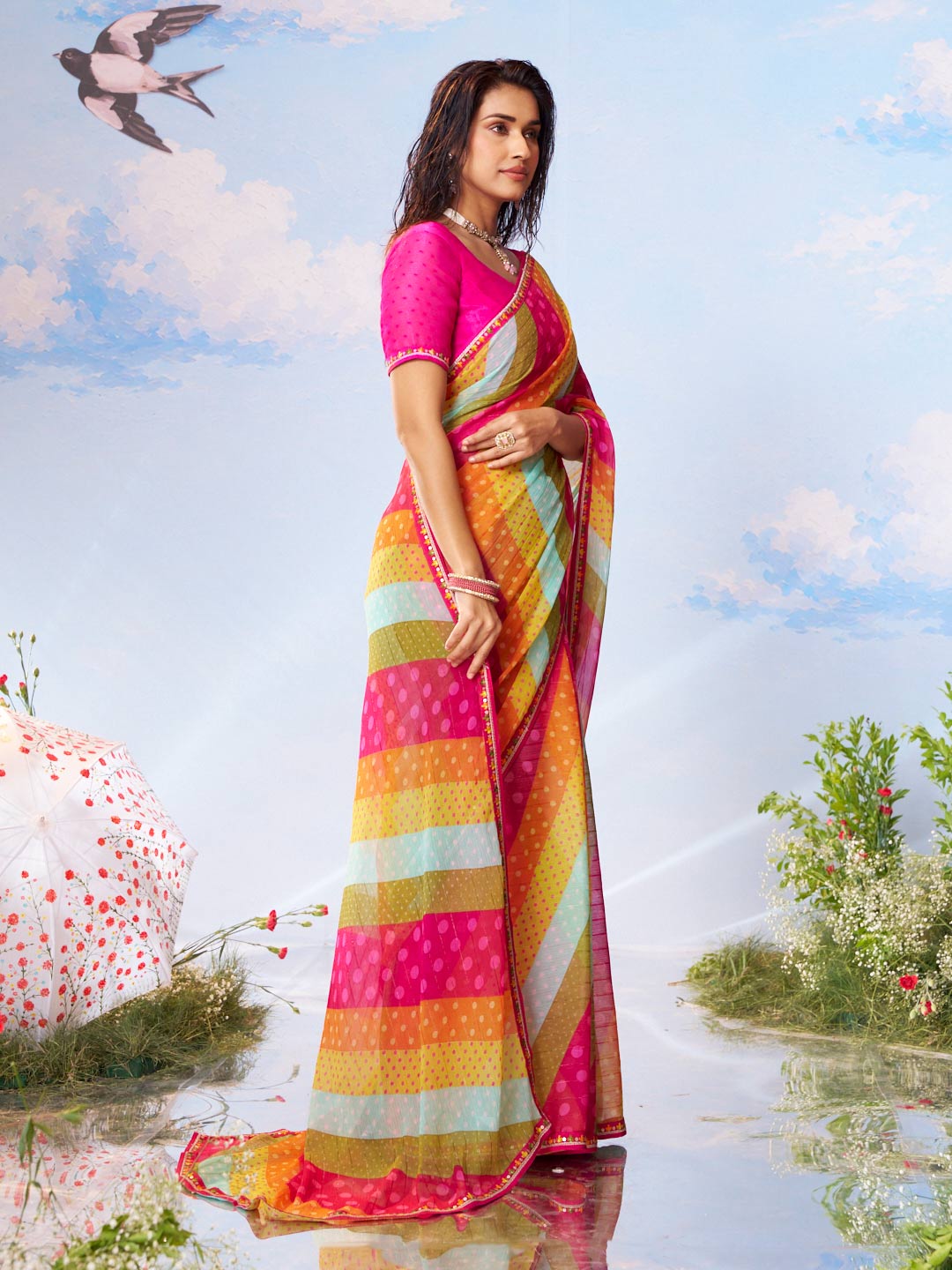 Multicolor striped printed chiffon saree party wear 