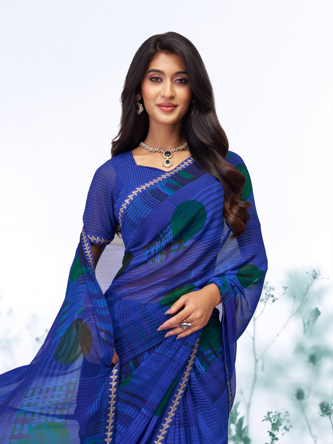 Blue geometric printed georgette saree wedding wear
