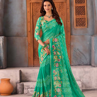 Green floral and geometric printed chiffon saree daily wear