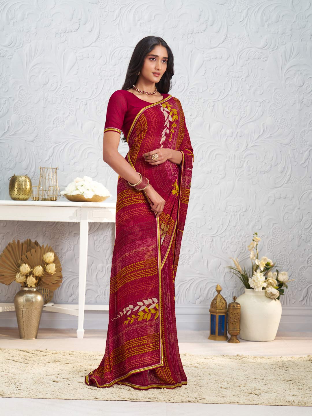 Pink floral printed georgette saree casual wear
