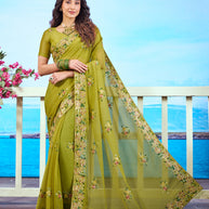 Olive Green floral embroidered Chiffon saree festive wear