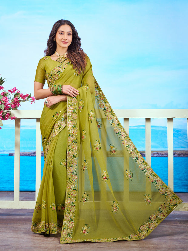 Olive Green floral embroidered Chiffon saree festive wear