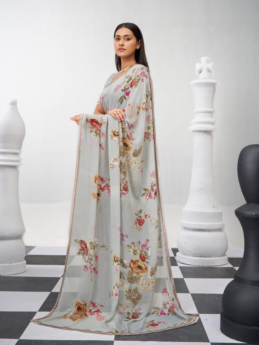 Grey printed saree elegant style