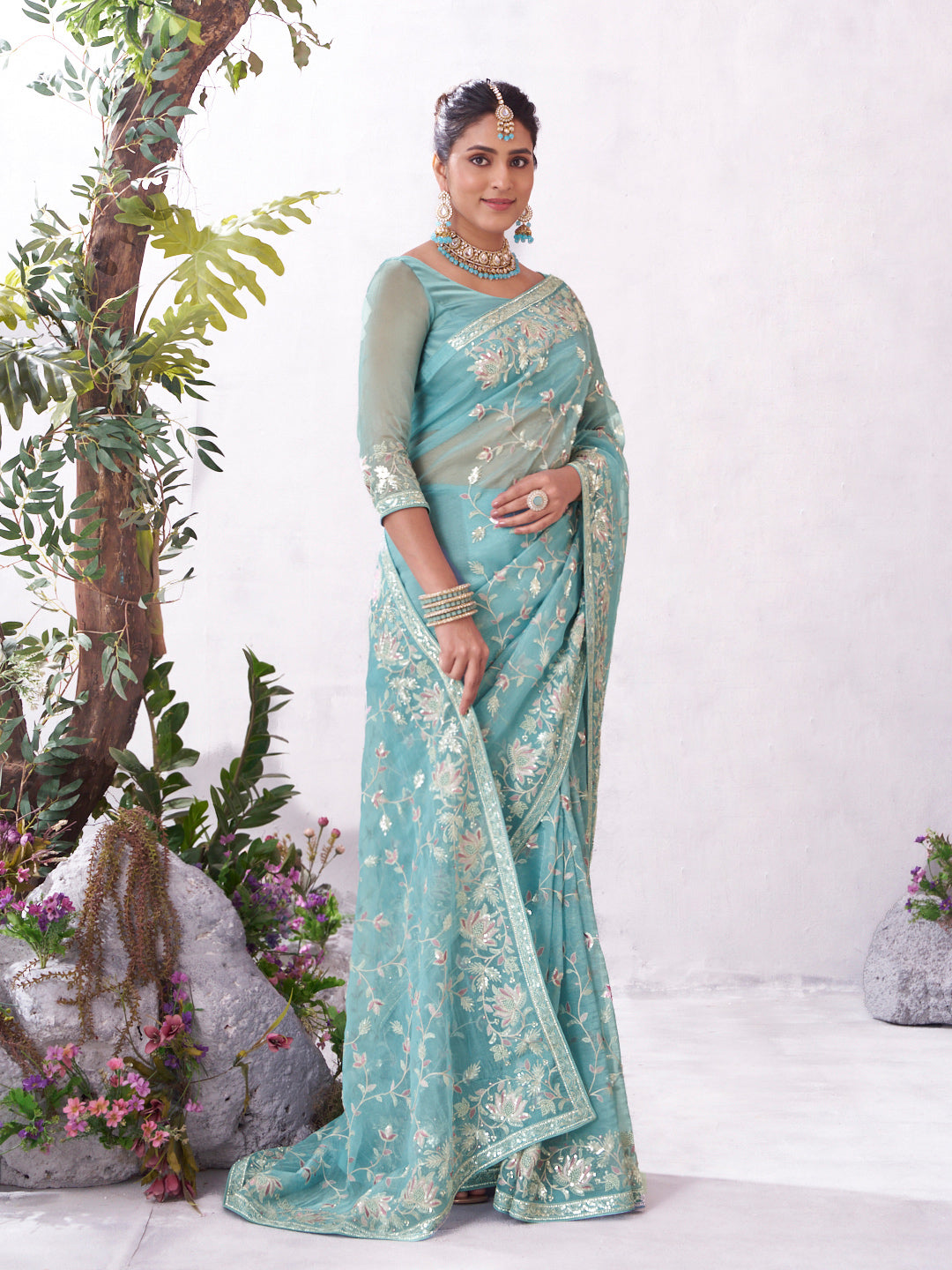 Blue designer embroidery saree festive wear