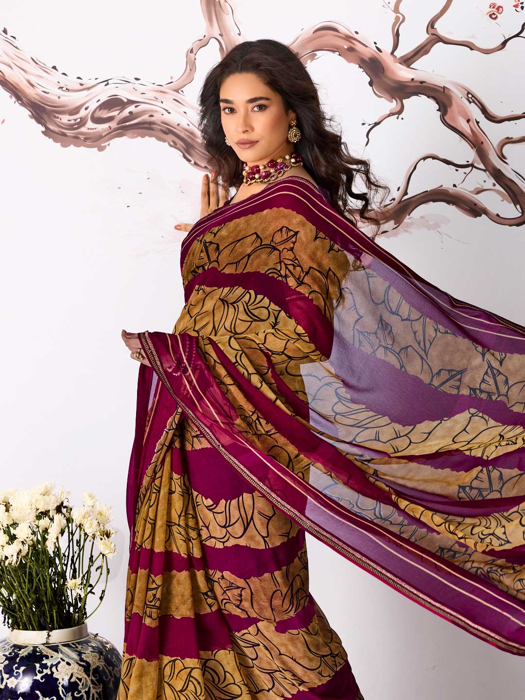 Purple striped floral printed georgette saree casual wear