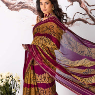 Purple striped floral printed georgette saree casual wear
