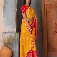 Mustard bandhani printed silk blend saree wedding wear