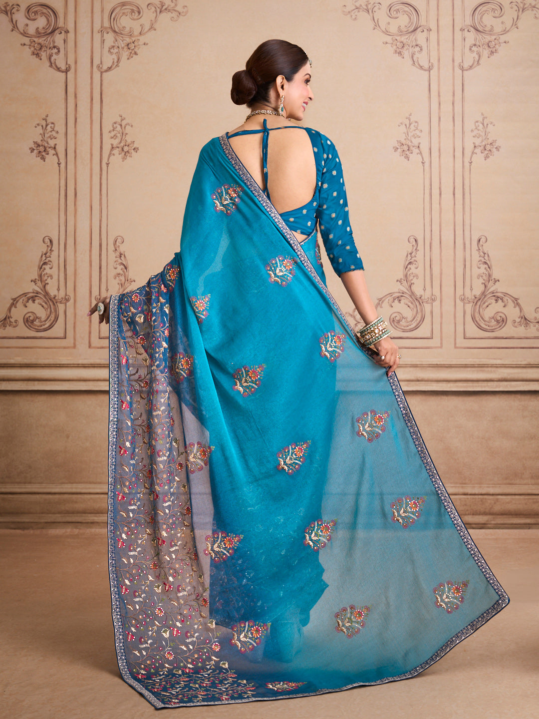 Blue embroidered silk blend saree party wear