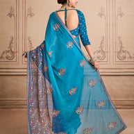 Blue embroidered silk blend saree party wear