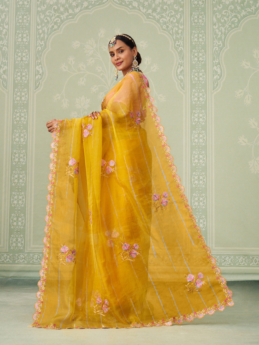 Yellow floral embroidered chiffon saree daily wear