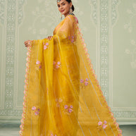 Yellow floral embroidered chiffon saree daily wear