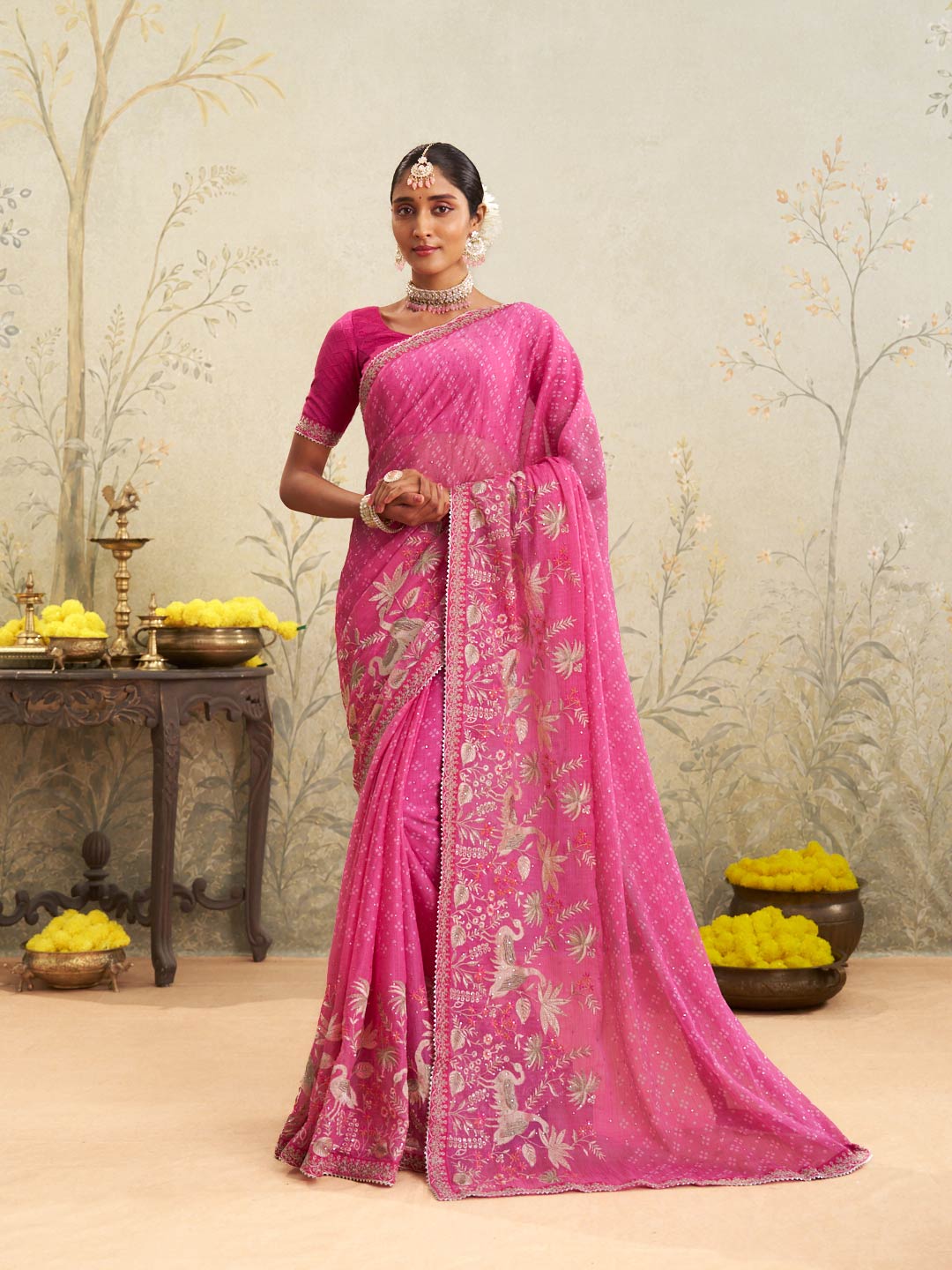 Pink embroidered chiffon saree festive wear