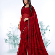 Red floral printed georgette saree party wear
