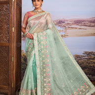 Green floral embroidered tissue organza saree festive wear