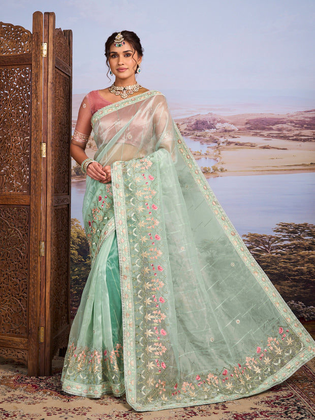 Green floral embroidered tissue organza saree festive wear