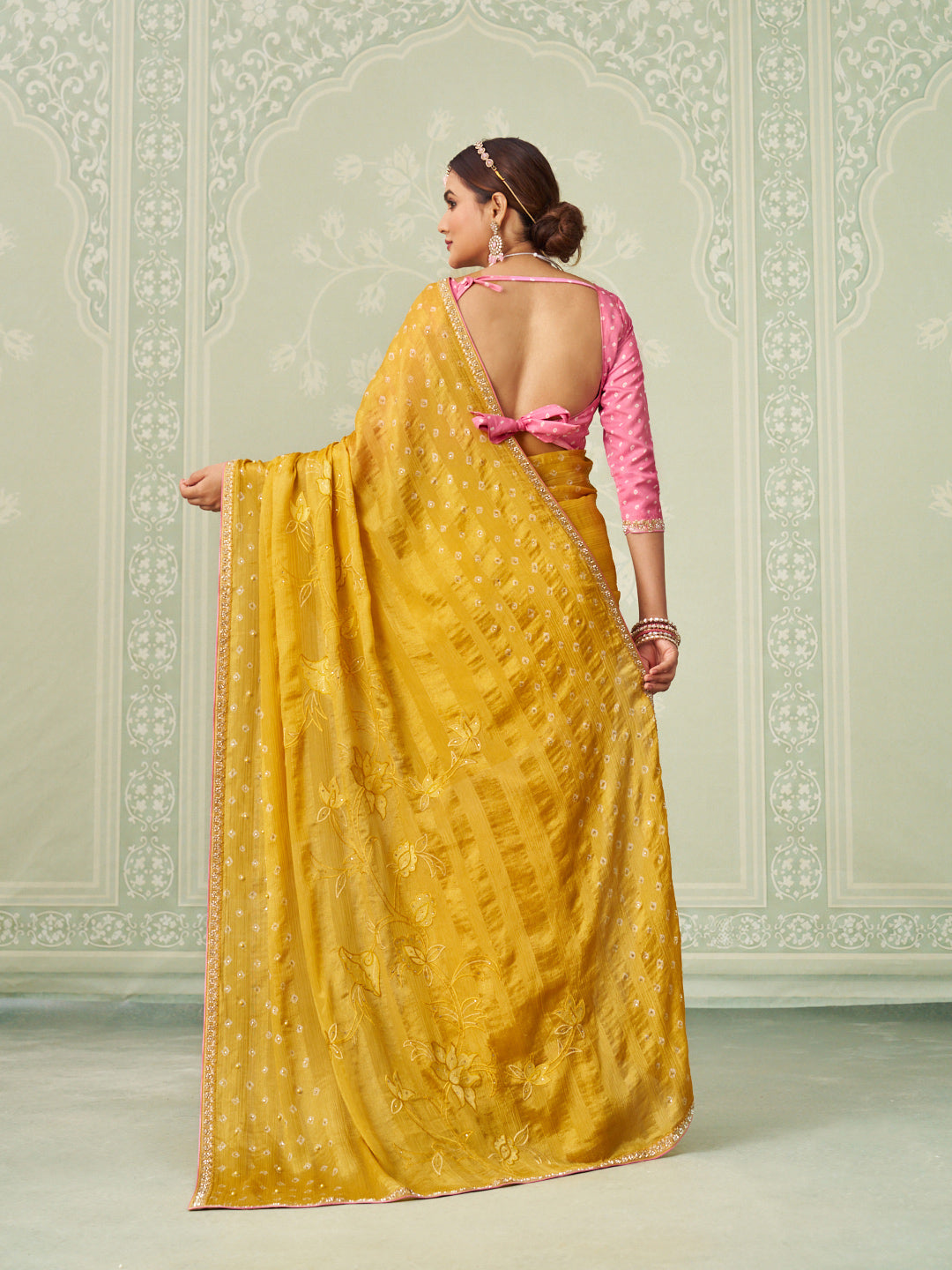 Yellow floral embroidered chiffon saree party wear