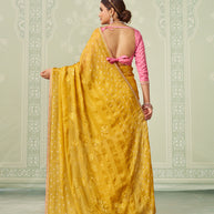 Yellow floral embroidered chiffon saree party wear
