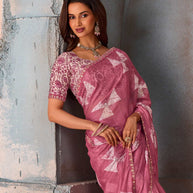 Pink abstract sequin chiffon saree party wear