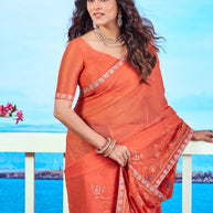 Orange sequin embroidered chiffon saree party wear 