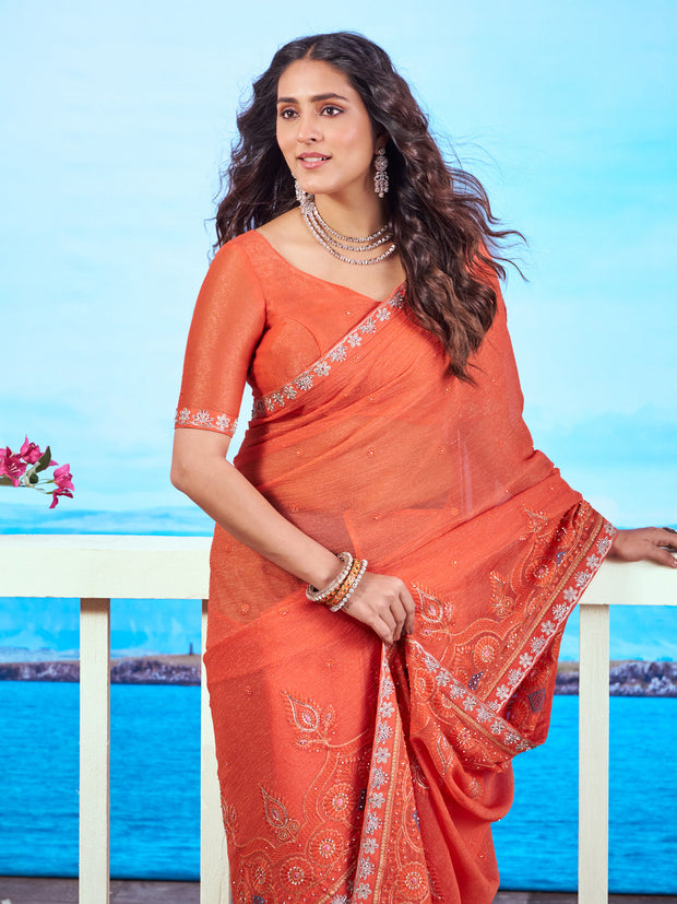 Orange sequin embroidered chiffon saree party wear 