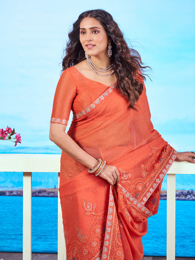 Orange sequin embroidered chiffon saree party wear 