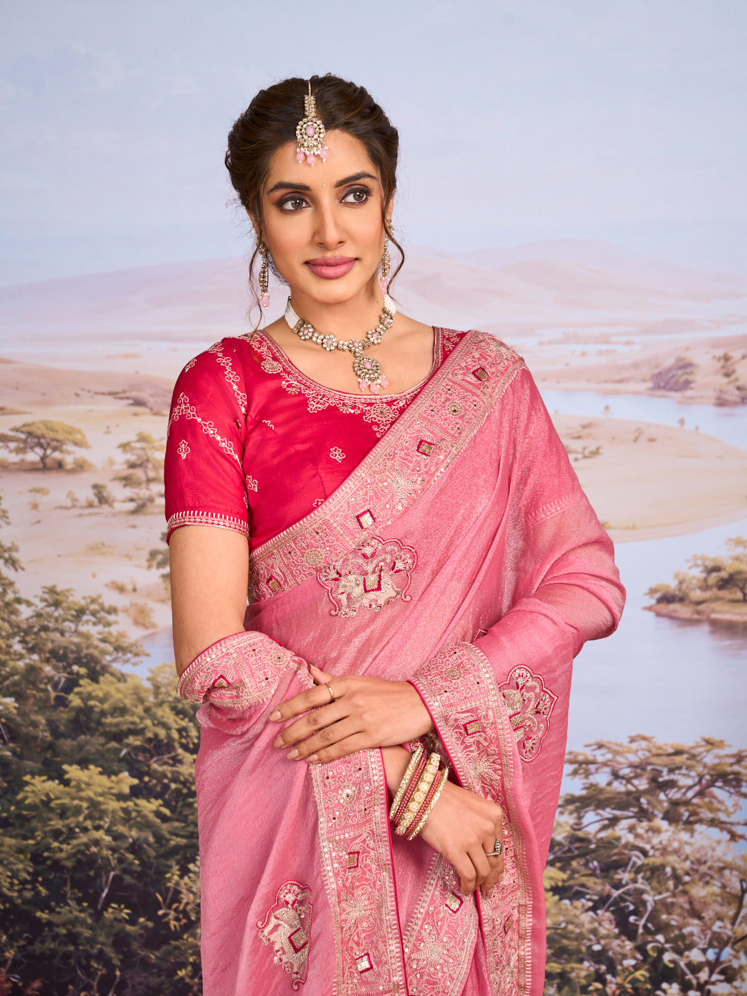 Pink embroidered chiffon saree wedding wear