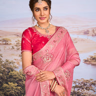 Pink embroidered chiffon saree wedding wear