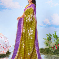 Olive Green checkered printed chiffon saree daily wear