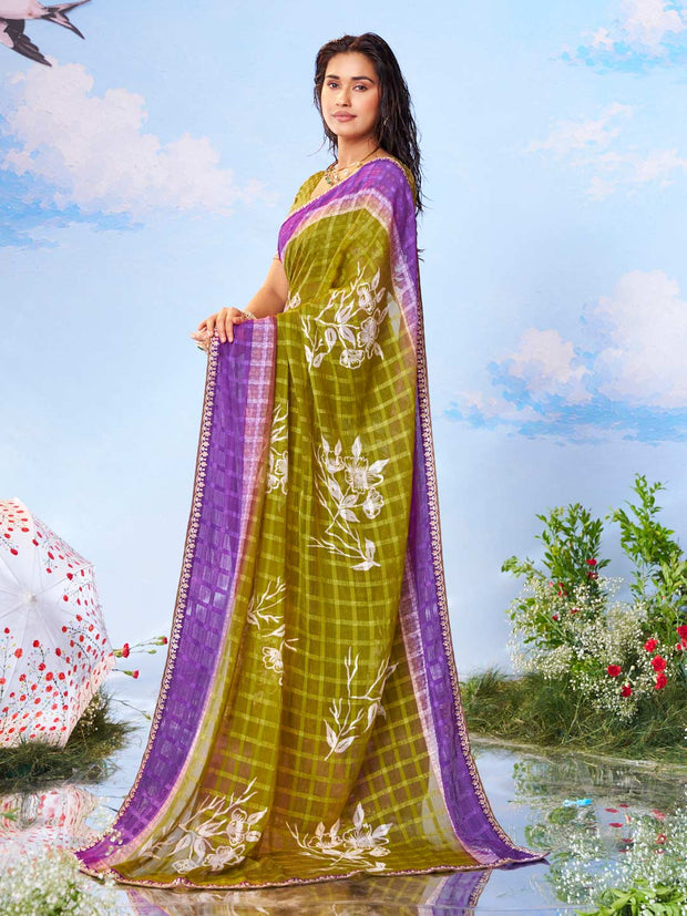 Olive Green checkered printed chiffon saree daily wear