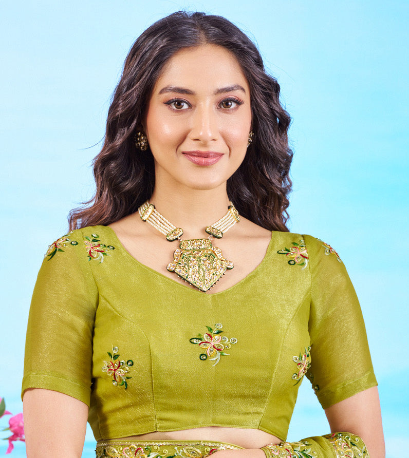 Olive Green floral embroidered Chiffon saree work wear
