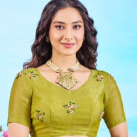 Olive Green floral embroidered Chiffon saree work wear