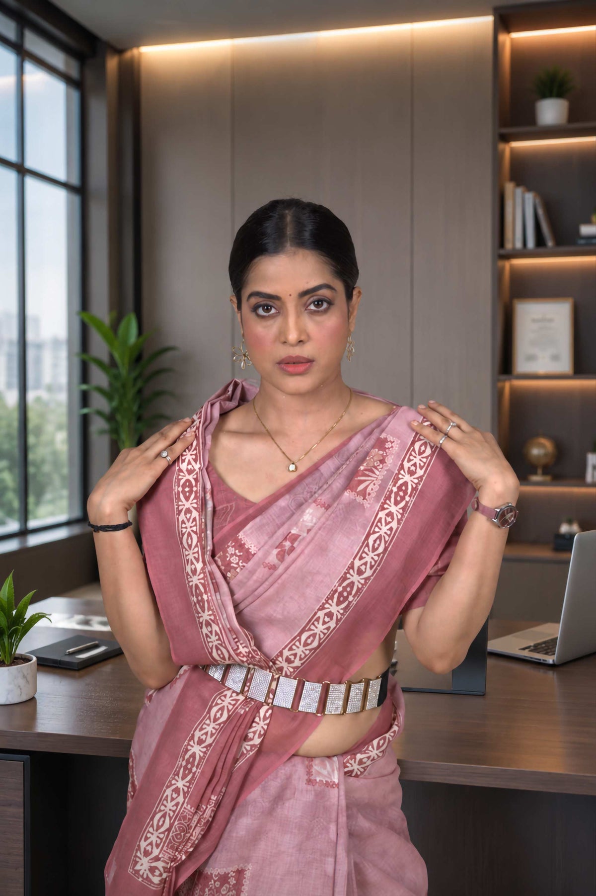 Pink geometric printed cotton blend saree daily office wear