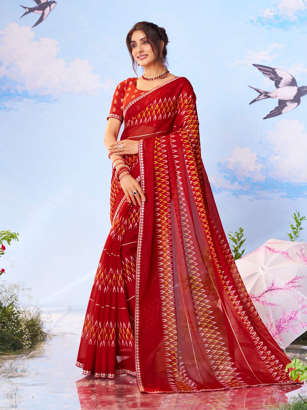 Red bandhani printed chiffon saree festive wear 