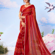 Red bandhani printed chiffon saree festive wear 