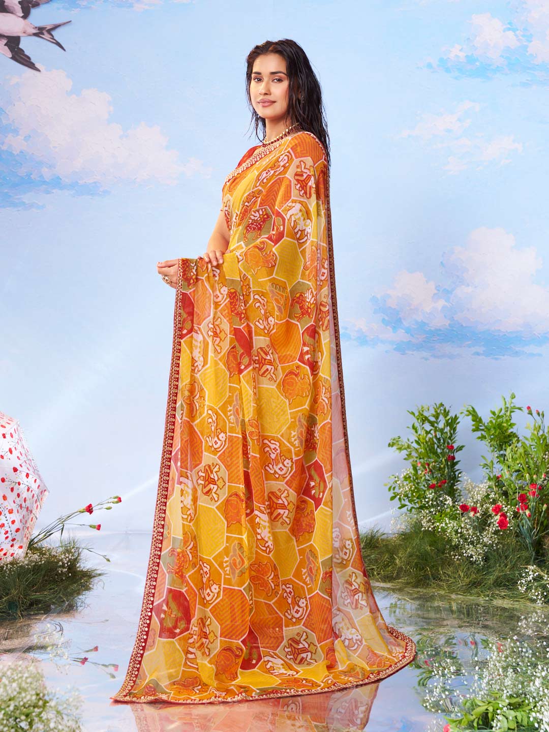 Yellow zari work silk saree ceremony wear