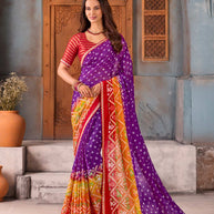 Purple bandhani printed silk blend saree party wear