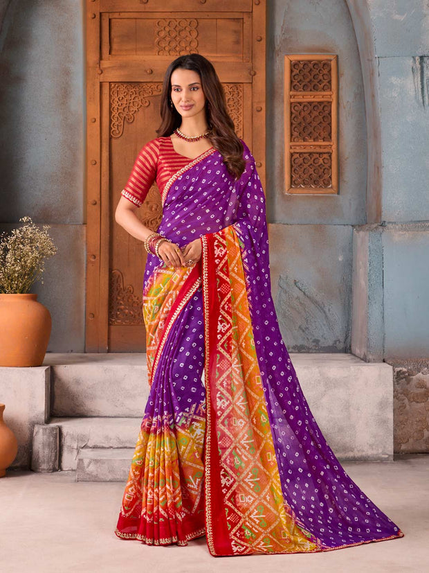 Purple bandhani printed silk blend saree party wear