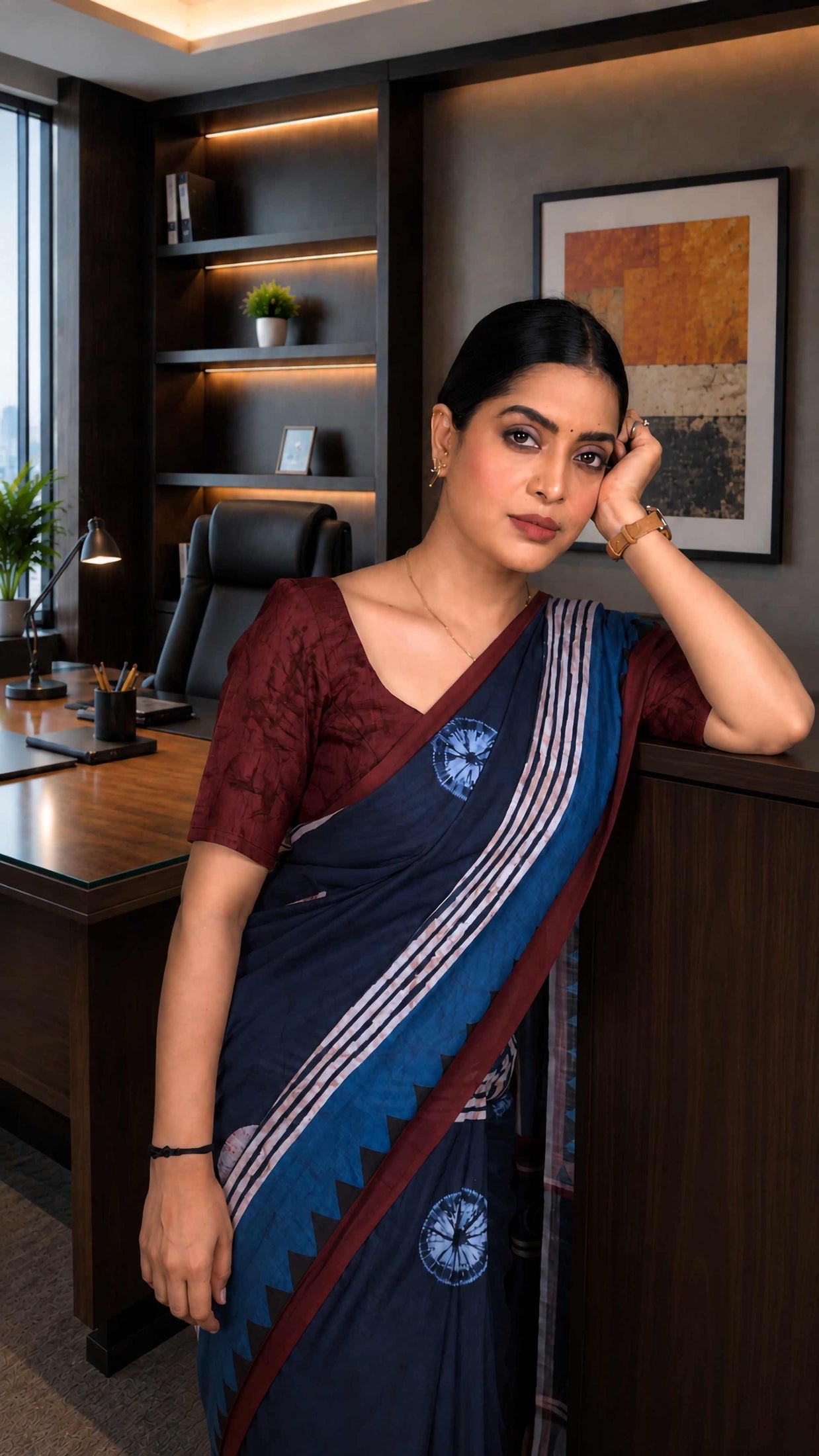 Blue geometric printed cotton blend saree daily office wear