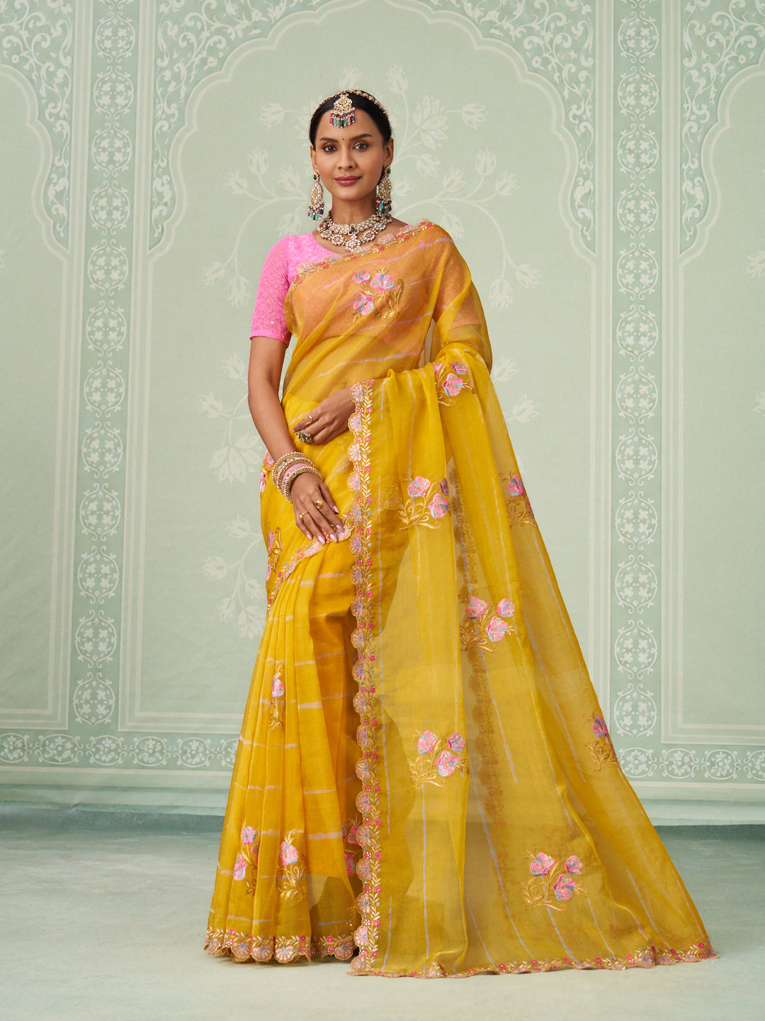 Yellow floral embroidered chiffon saree festive wear