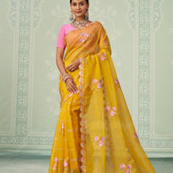 Yellow floral embroidered chiffon saree festive wear
