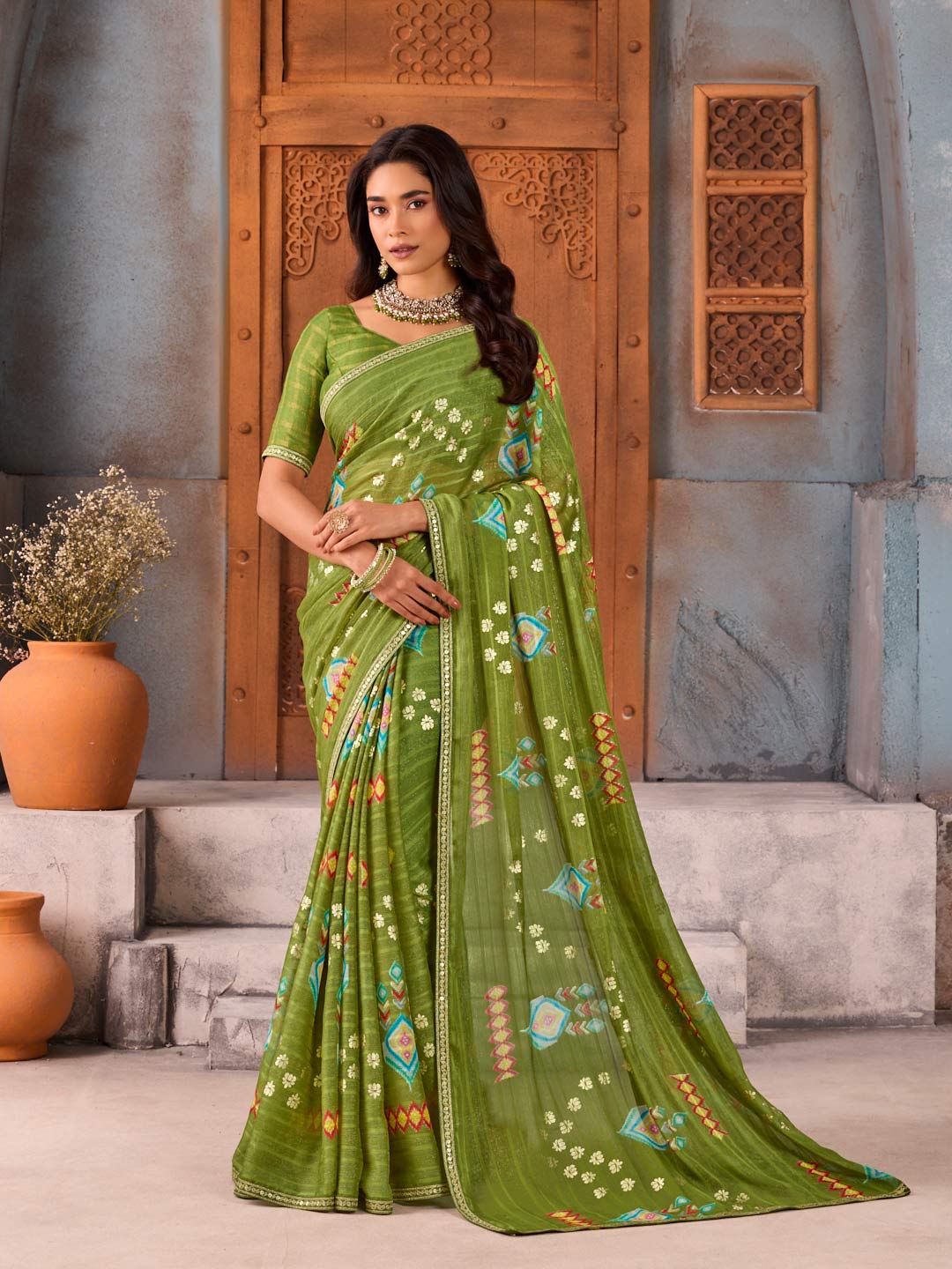 Green striped floral printed Silk Blend saree festive wear