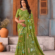 Green striped floral printed Silk Blend saree festive wear